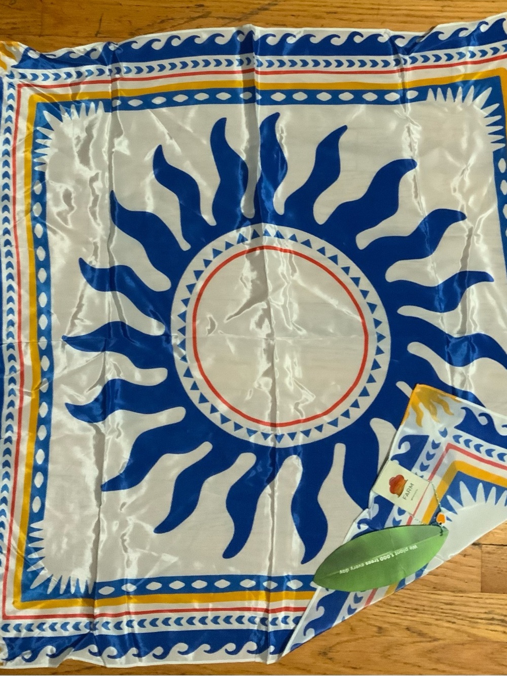 FARM Rio White, Blue & Yellow Sun Motif Silk-Look Scarf - 32 x 32 inches - Picture 6 of 9